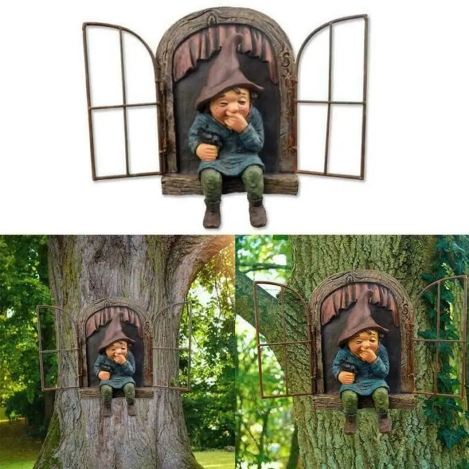 Naughty Garden Gnome Statue Elf Out The Door Tree Hugger Home Yard Decor - Image 4