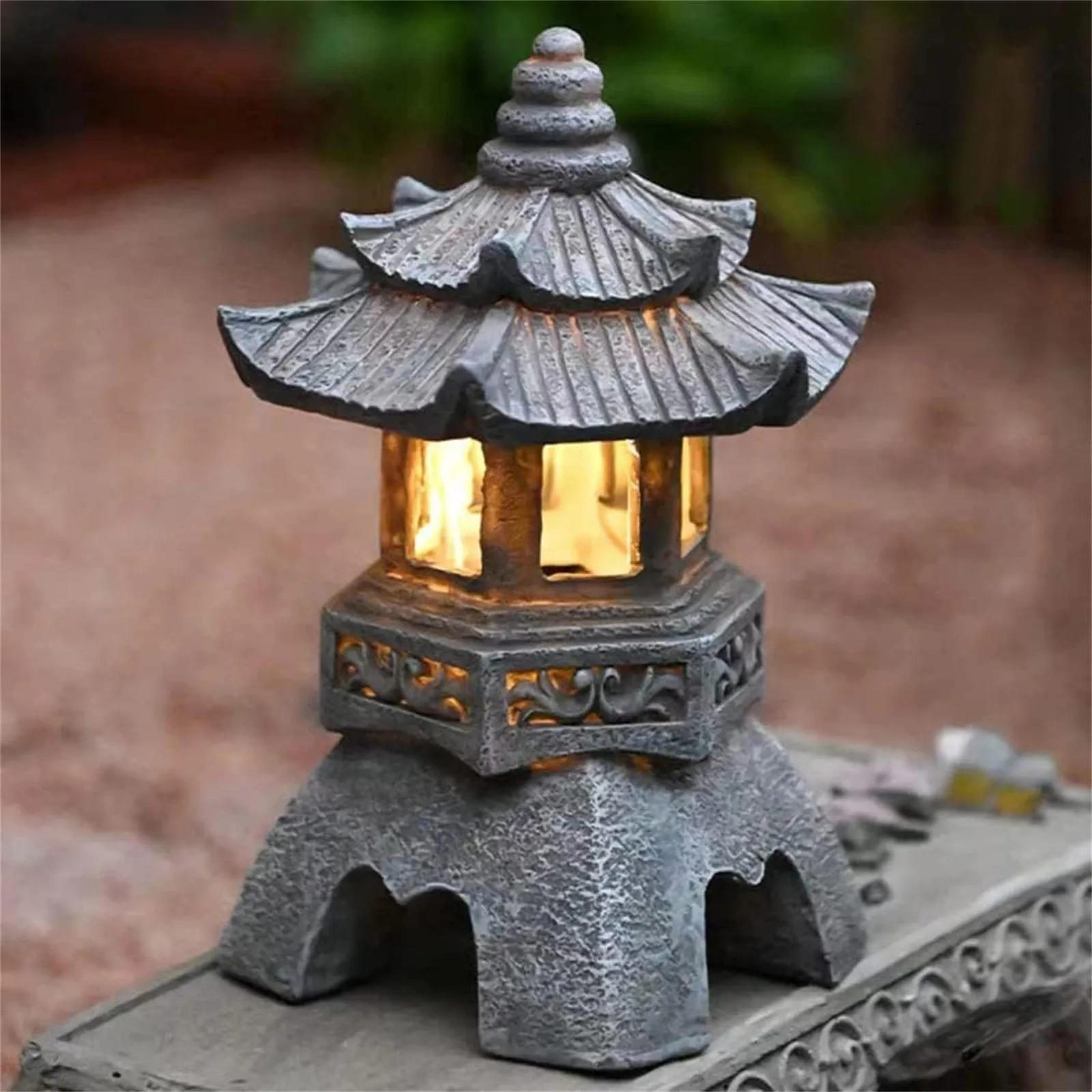 Pagoda Statues Outdoor Solar Powered Statue Japanese Garden Decor Outdoor Zen Garden Lantern Flickering LED Garden Light
