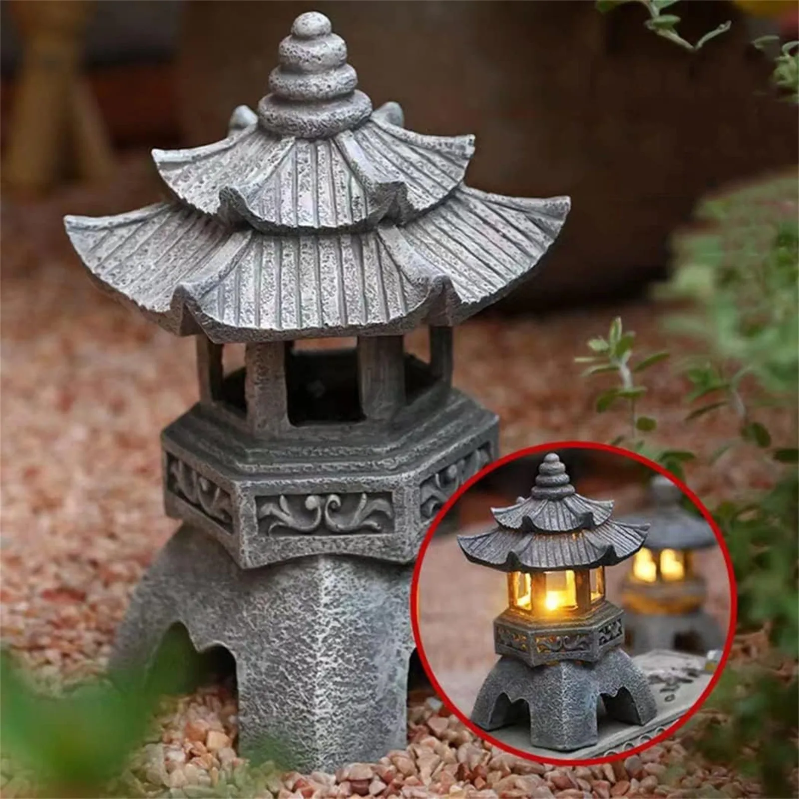 Pagoda Statues Outdoor Solar Powered Statue Japanese Garden Decor Outdoor Zen Garden Lantern Flickering LED Garden Light