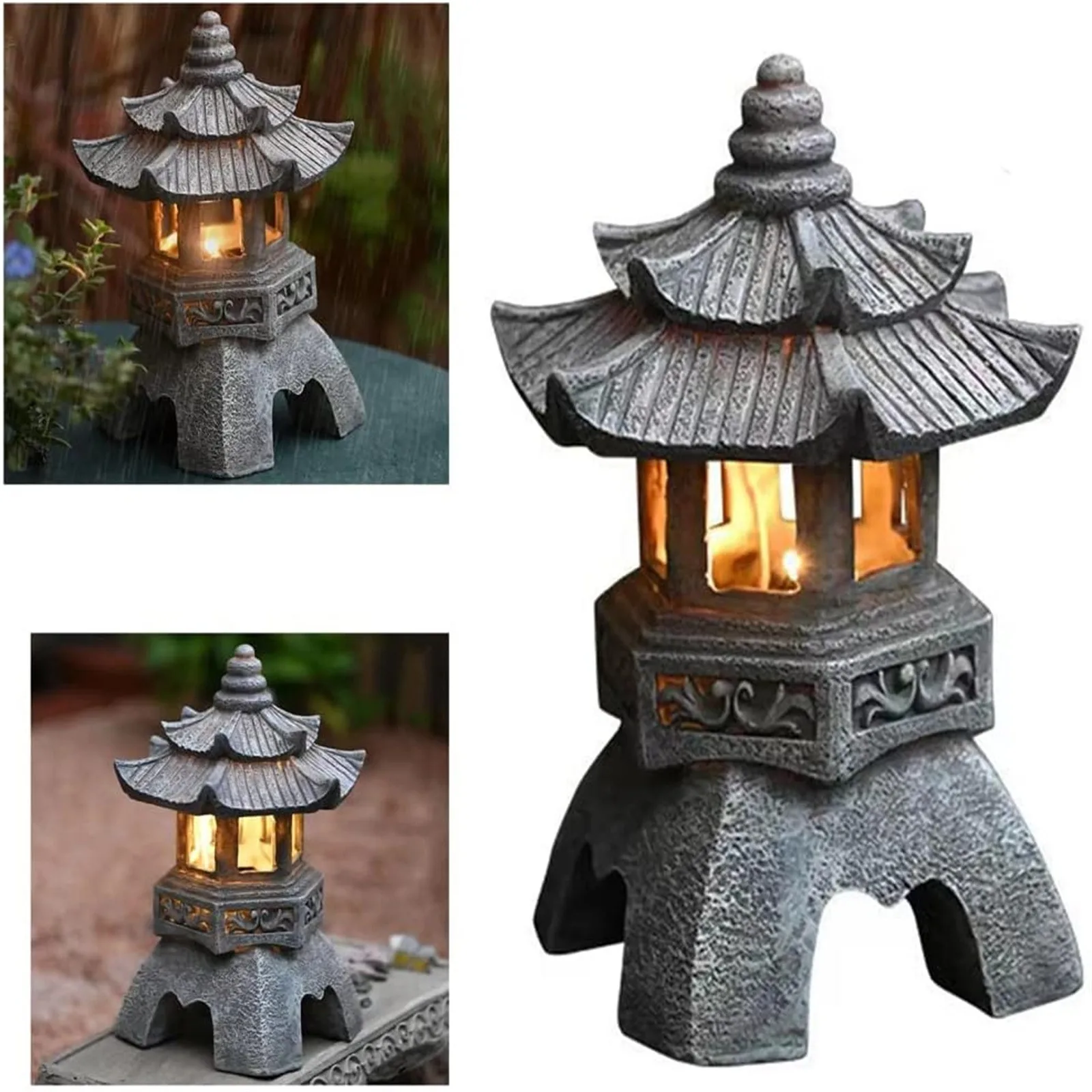 Pagoda Statues Outdoor Solar Powered Statue Japanese Garden Decor Outdoor Zen Garden Lantern Flickering LED Garden Light
