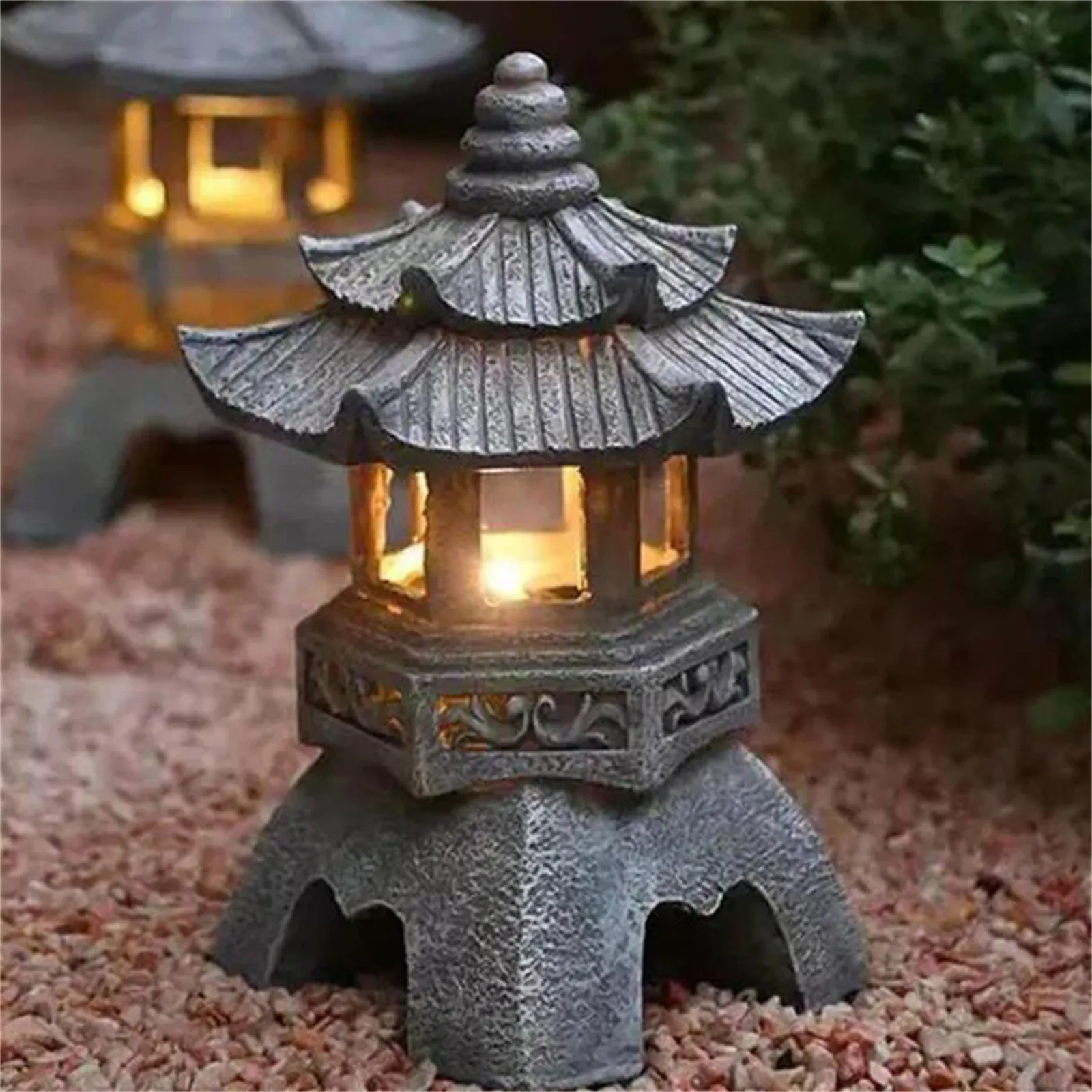 Pagoda Statues Outdoor Solar Powered Statue Japanese Garden Decor Outdoor Zen Garden Lantern Flickering LED Garden Light