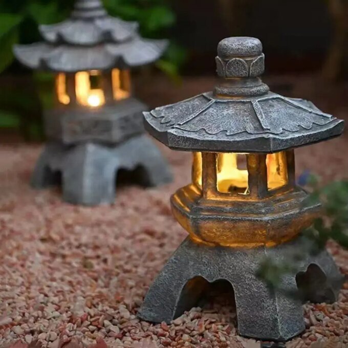 Creative Resin Solar Lamp Palace Lanterns Tower Statue Courtyard Zen Decoration Ornaments Solar Powered Pagoda Lantern