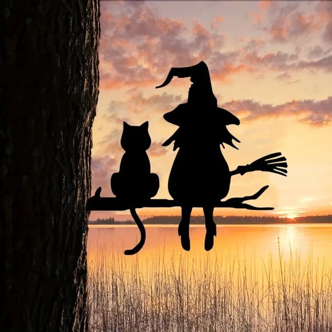 Iron Silhouette Cute Witch And Cat Garden Stake On The Branch Yard Art Decor, Tree Stump Plug-in, For Garden Lawn Courtyard - Image 6