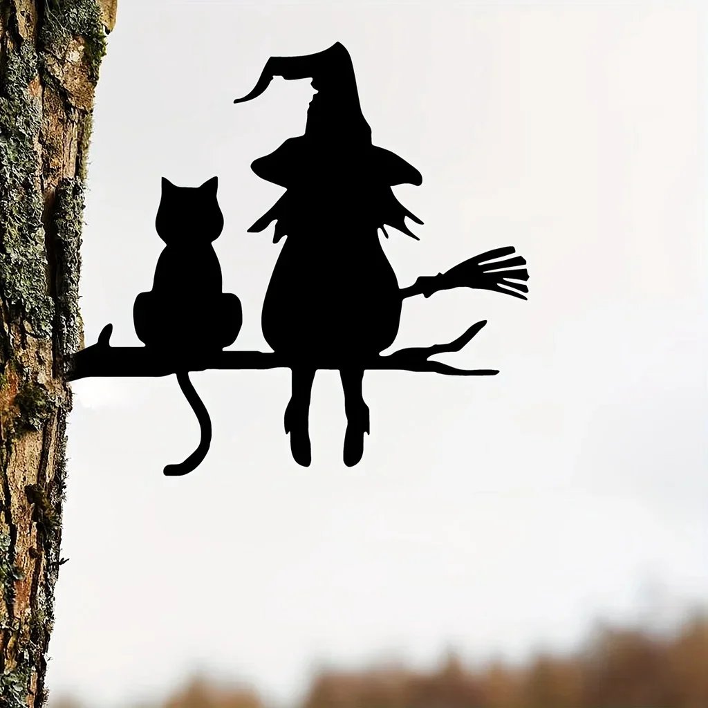 Iron Silhouette Cute Witch And Cat Garden Stake On The Branch Yard Art Decor, Tree Stump Plug-in, For Garden Lawn Courtyard
