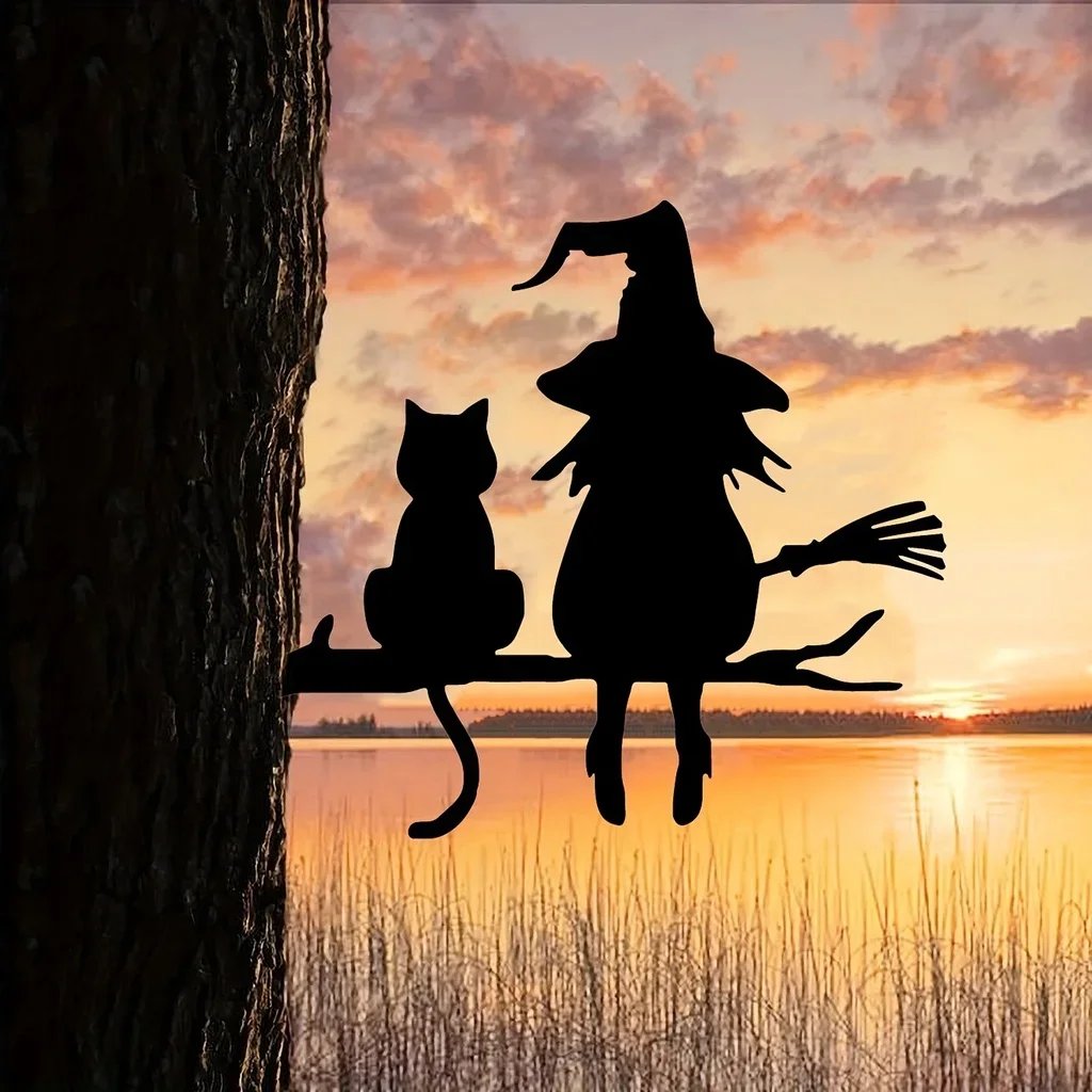 Iron Silhouette Cute Witch And Cat Garden Stake On The Branch Yard Art Decor, Tree Stump Plug-in, For Garden Lawn Courtyard