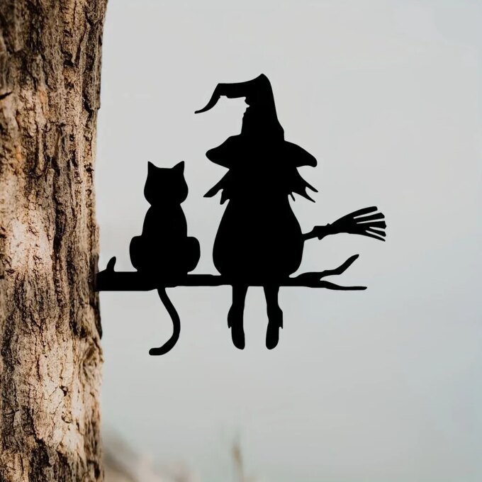 Iron Silhouette Cute Witch And Cat Garden Stake On The Branch Yard Art Decor, Tree Stump Plug-in, For Garden Lawn Courtyard - Image 2