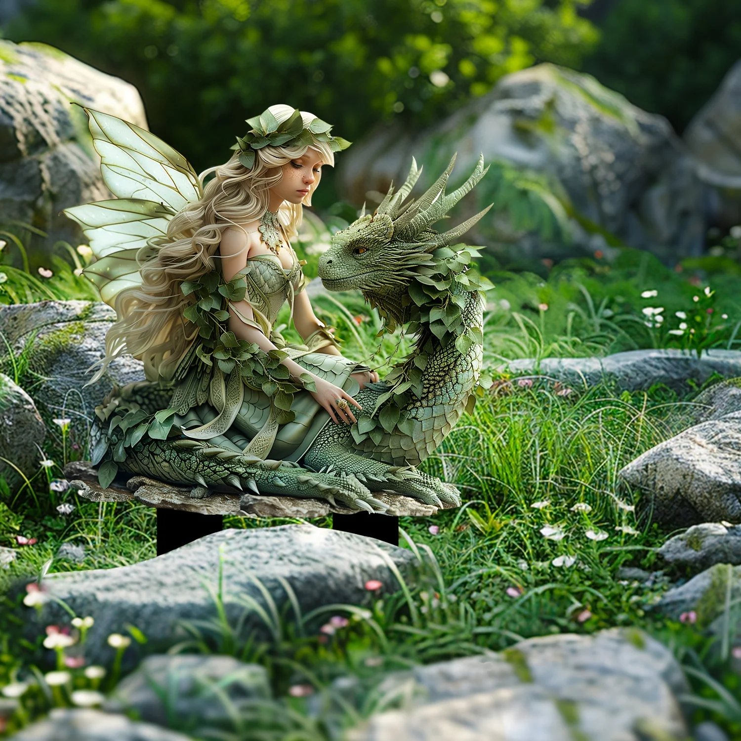Charming Green Fairy with Dragon Garden Pile - Acrylic Outdoor Art, Bohemian Style Patio Decor, Flower Pot Landscape Accessories