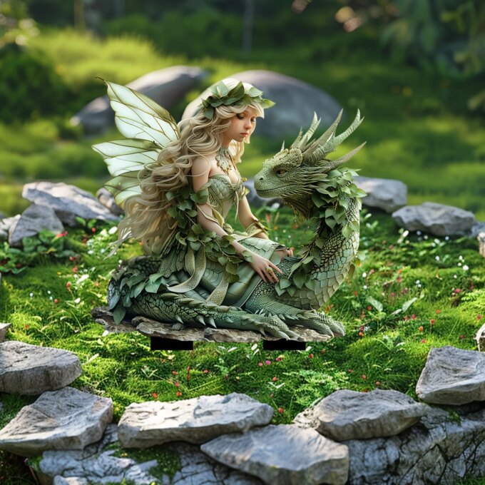 Charming Green Fairy with Dragon Garden Pile - Acrylic Outdoor Art, Bohemian Style Patio Decor, Flower Pot Landscape Accessories - Image 3