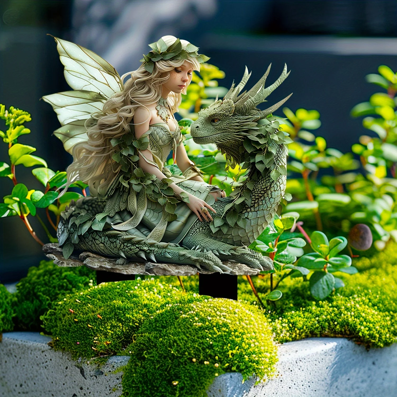 Charming Green Fairy with Dragon Garden Pile - Acrylic Outdoor Art, Bohemian Style Patio Decor, Flower Pot Landscape Accessories
