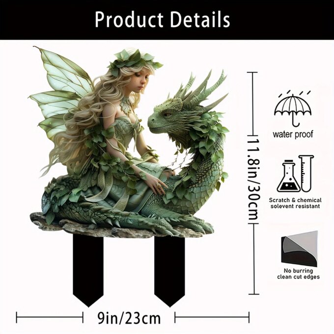 Charming Green Fairy with Dragon Garden Pile - Acrylic Outdoor Art, Bohemian Style Patio Decor, Flower Pot Landscape Accessories - Image 4