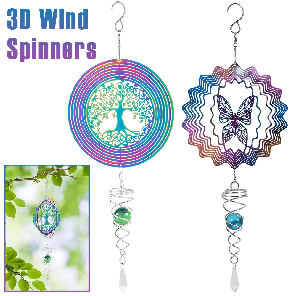 Outdoor 3D Wind Spinners Stainless Steel Tree of Life Wind Spinner with Spiral Tail Hanging Wind Spinners for Garden Decorations