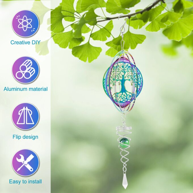 Outdoor 3D Wind Spinners Stainless Steel Tree of Life Wind Spinner with Spiral Tail Hanging Wind Spinners for Garden Decorations - Image 2