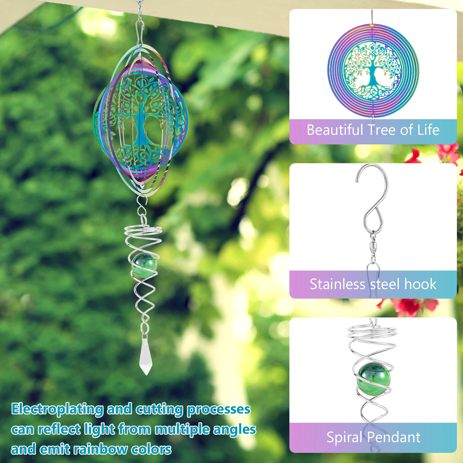Outdoor 3D Wind Spinners Stainless Steel Tree of Life Wind Spinner with Spiral Tail Hanging Wind Spinners for Garden Decorations