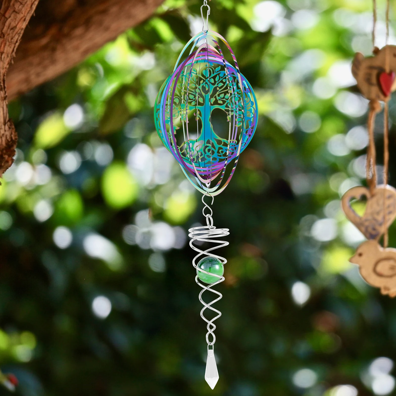 Outdoor 3D Wind Spinners Stainless Steel Tree of Life Wind Spinner with Spiral Tail Hanging Wind Spinners for Garden Decorations