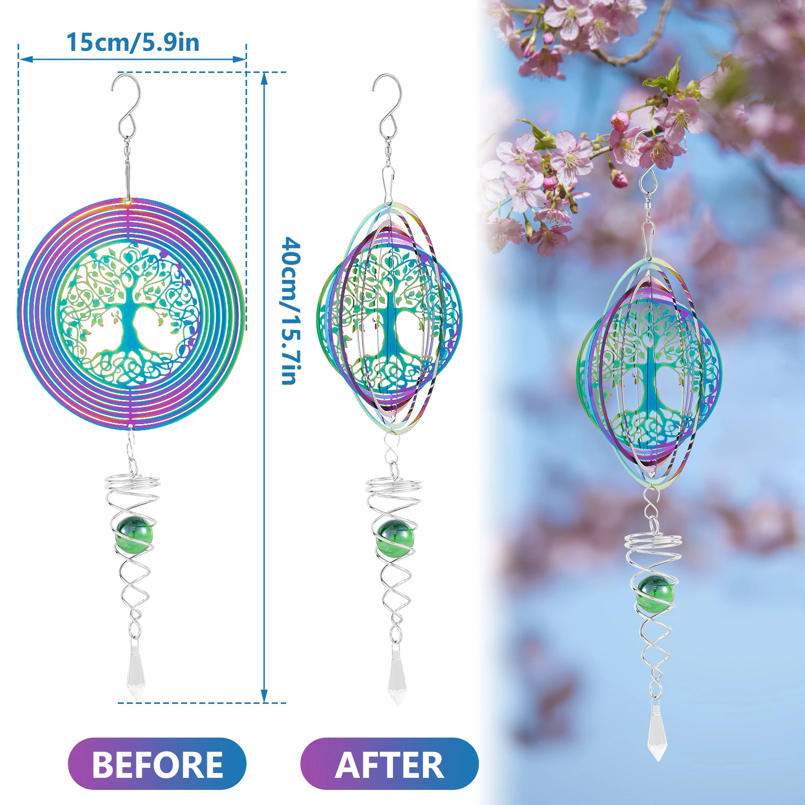 Outdoor 3D Wind Spinners Stainless Steel Tree of Life Wind Spinner with Spiral Tail Hanging Wind Spinners for Garden Decorations