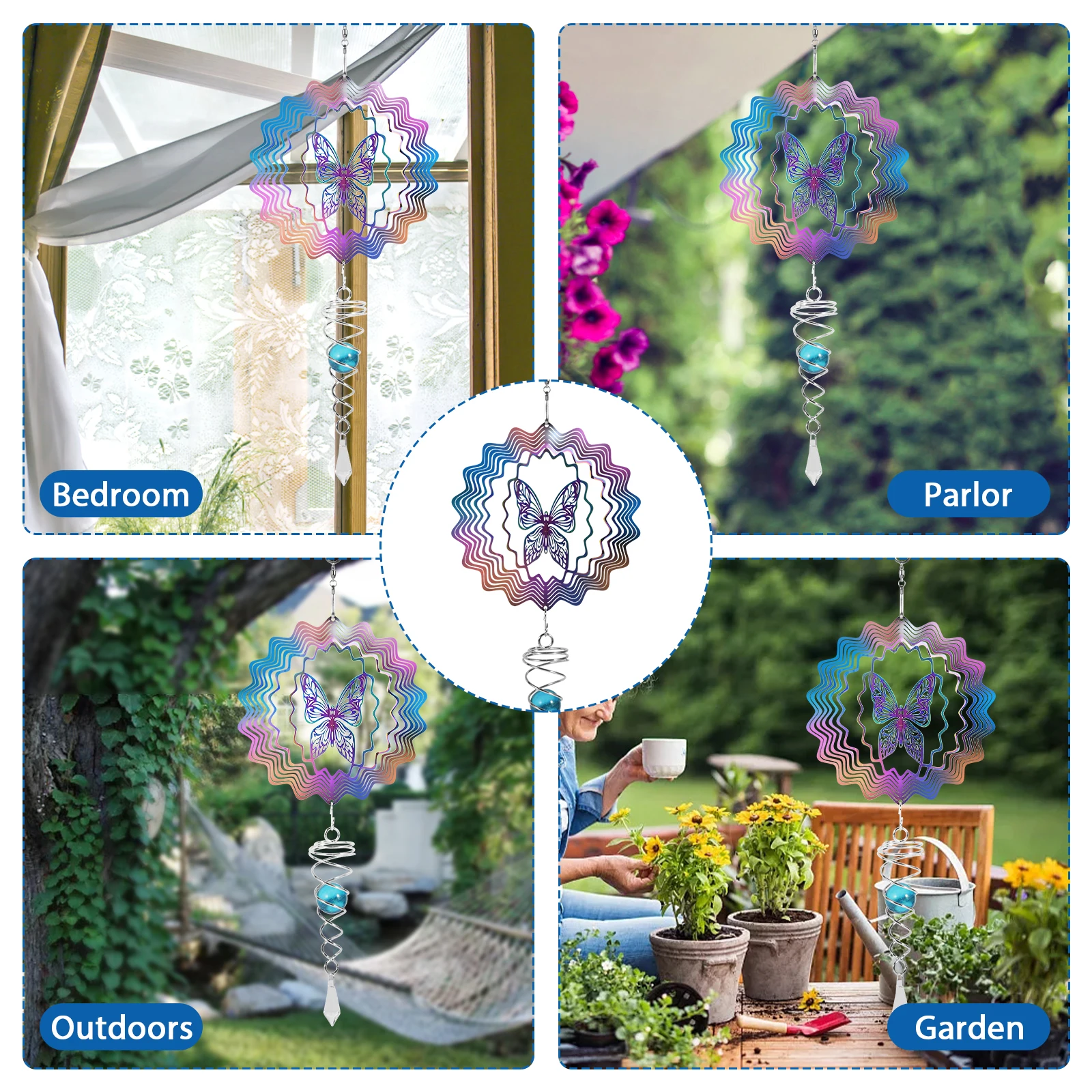 Outdoor 3D Wind Spinners Stainless Steel Tree of Life Wind Spinner with Spiral Tail Hanging Wind Spinners for Garden Decorations
