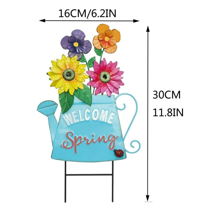 Metal Welcome Spring Flowerpot Shape Garden Stake Decorative Yard Sign Spring Decor Ornaments Outdoor Decoration - Image 2