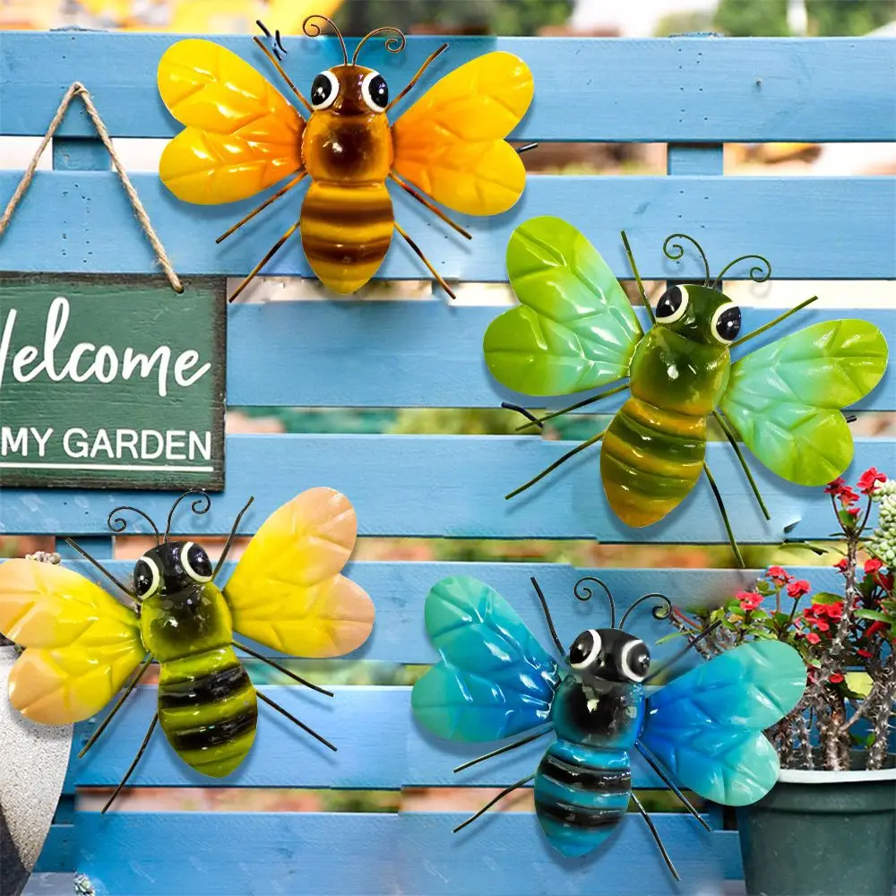 Metal Bee Wall Art Hanging Sculptures Ornaments Home Backyard Garden Yard Iron Art Bee Indoor Outdoor Decorations Statue