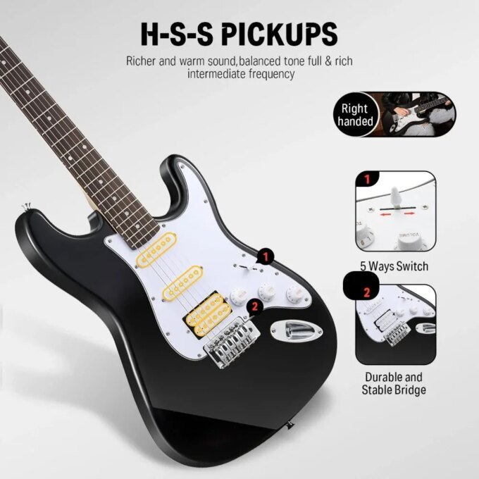 39" Electric Guitar Beginner Kit Solid Body Full Size HSS , with Amplifier, Bag, Digital Tuner, Capo, Strap,String,Cable,Picks - Image 2