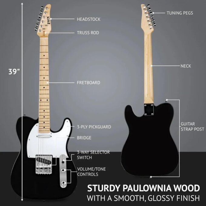 39" Telecaster Solid Electric Guitar, Full-Size Paulownia Body - Image 3