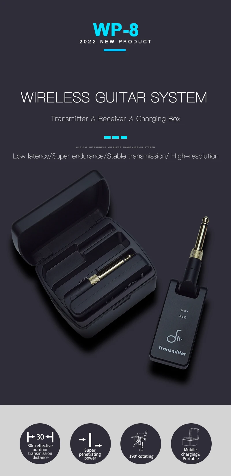 M-vave Wireless Guitar System 2.4G Guitar Transmitter Receiver 2 in 1 Plug 4 Channels Guitar Wireless with Rechargeable Box WP-8