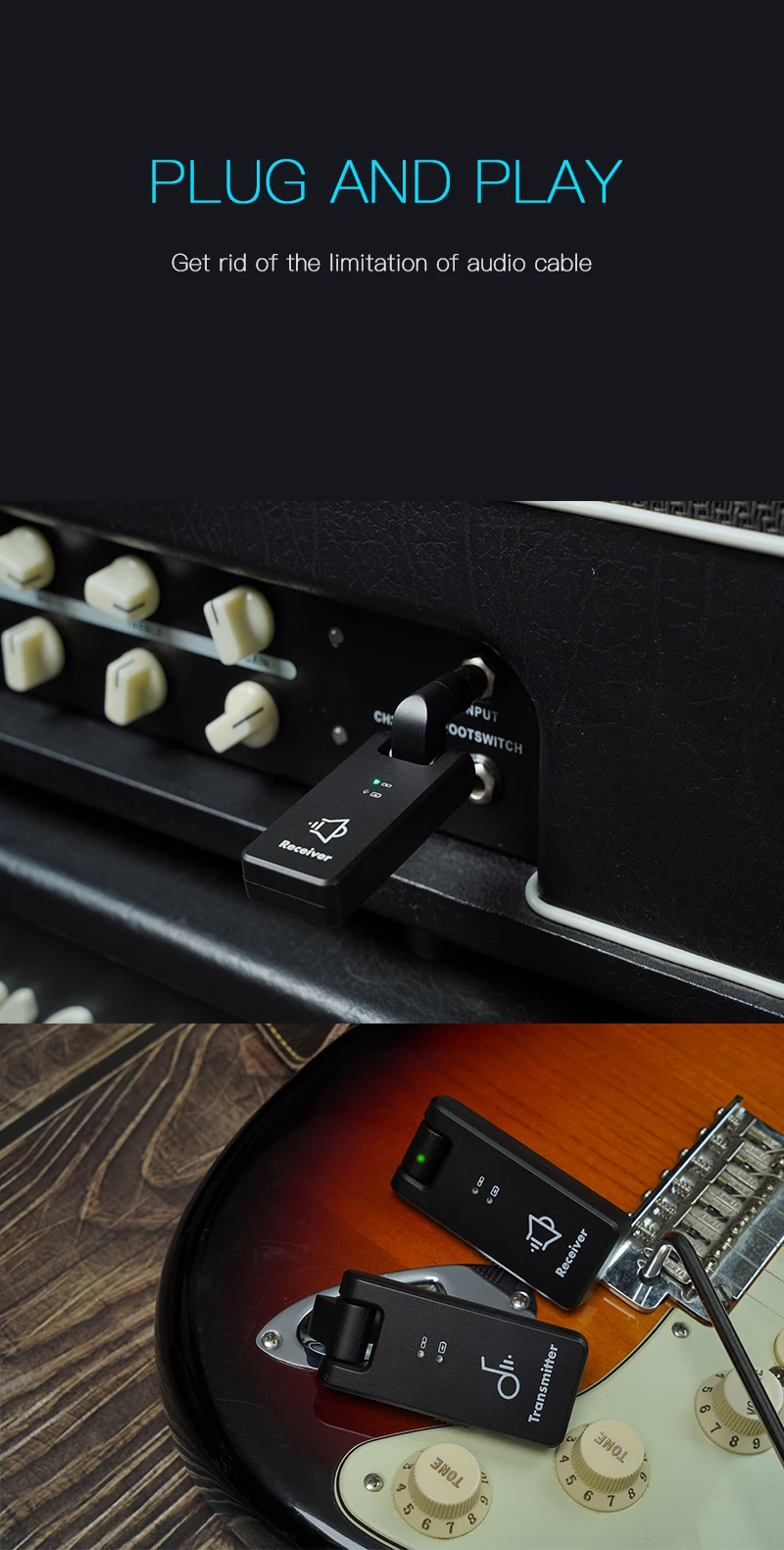 M-vave Wireless Guitar System 2.4G Guitar Transmitter Receiver 2 in 1 Plug 4 Channels Guitar Wireless with Rechargeable Box WP-8