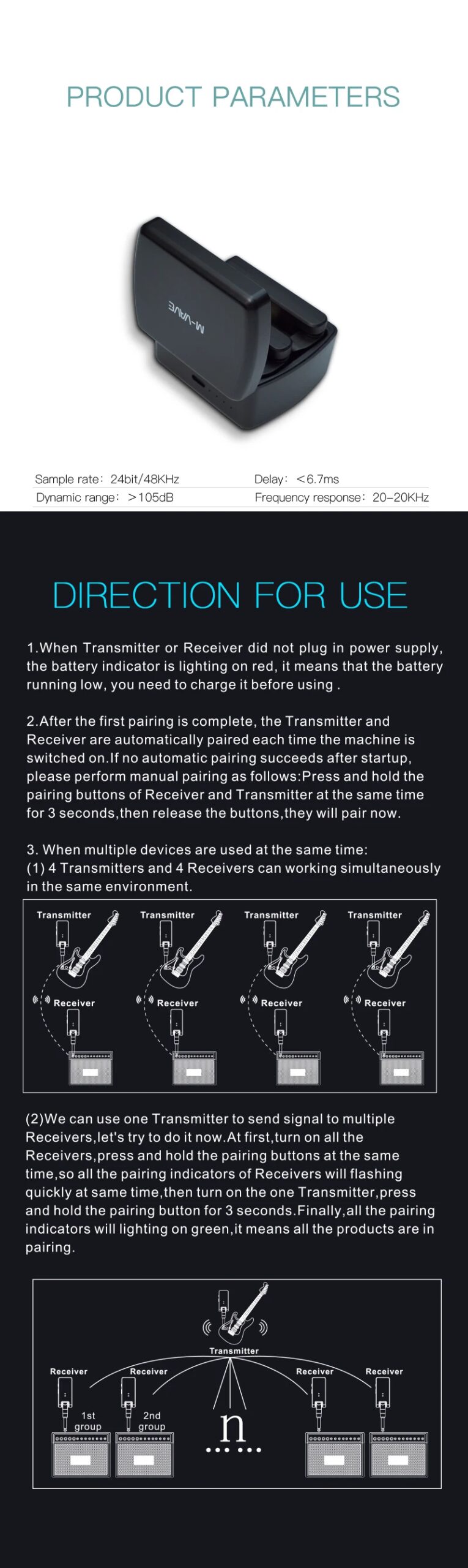 M-vave Wireless Guitar System 2.4G Guitar Transmitter Receiver 2 in 1 Plug 4 Channels Guitar Wireless with Rechargeable Box WP-8
