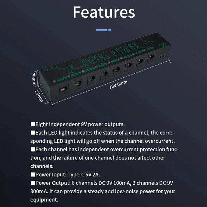 M-vave Guitar Effect Pedal Power Supply 8 Isolated DC Outputs/ 5V USB Output for 9V Protection Guitar Accessories - Image 2