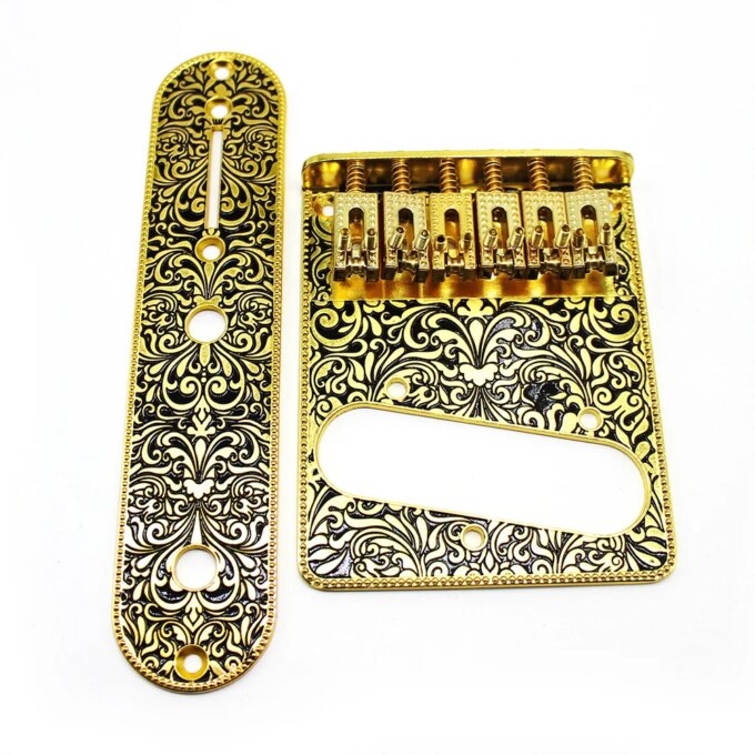 6 String Roller Saddle Bridge and Control Plate for TL Electric Guitar with Carving Decorative Pattern Strings Through Bridge - Image 2