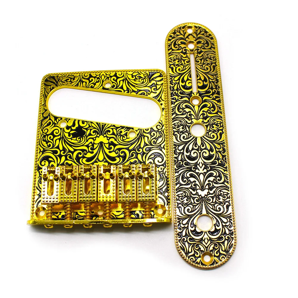 6 String Roller Saddle Bridge and Control Plate for TL Electric Guitar with Carving Decorative Pattern Strings Through Bridge