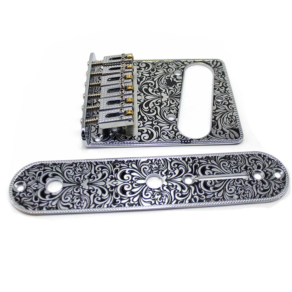 6 String Roller Saddle Bridge and Control Plate for TL Electric Guitar with Carving Decorative Pattern Strings Through Bridge
