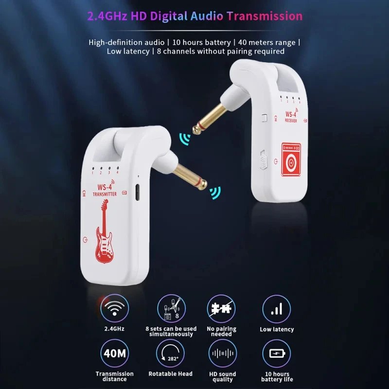 Wireless System for Guitar, 2.4G Rechargeable Transmitter and Receiver, Real Time Plug Play Transmission for Electric Bass