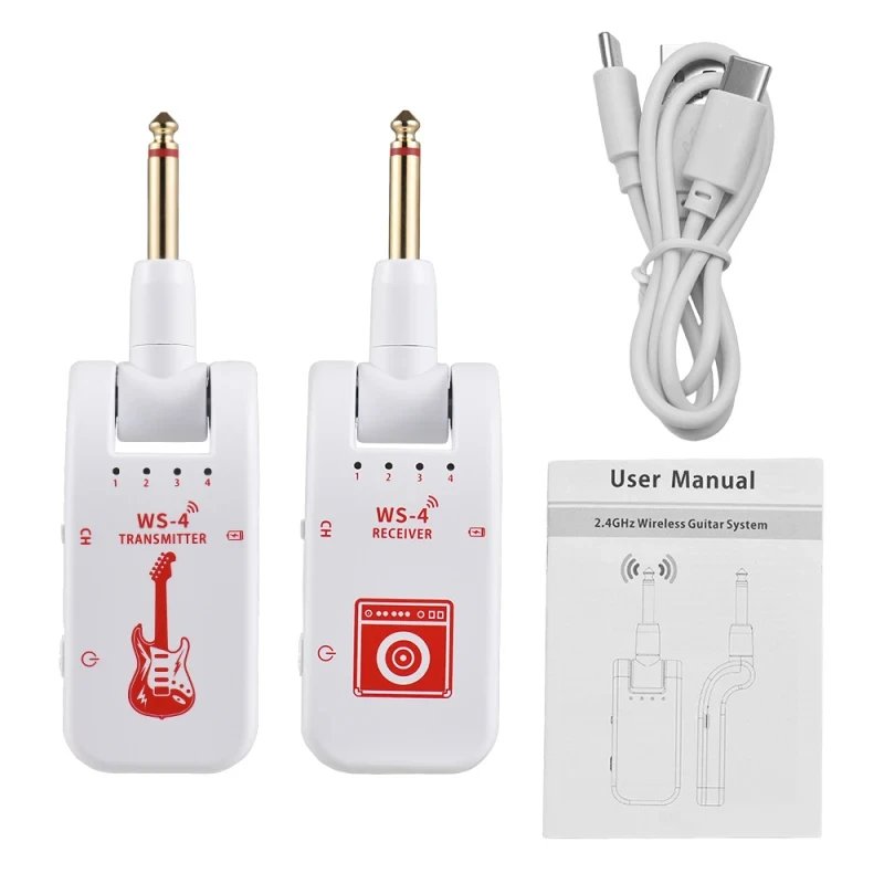 Wireless System for Guitar, 2.4G Rechargeable Transmitter and Receiver, Real Time Plug Play Transmission for Electric Bass