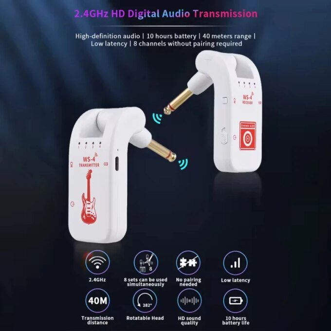 Wireless System for Guitar, 2.4G Rechargeable Transmitter and Receiver, Real Time Plug Play Transmission for Electric Bass - Image 4
