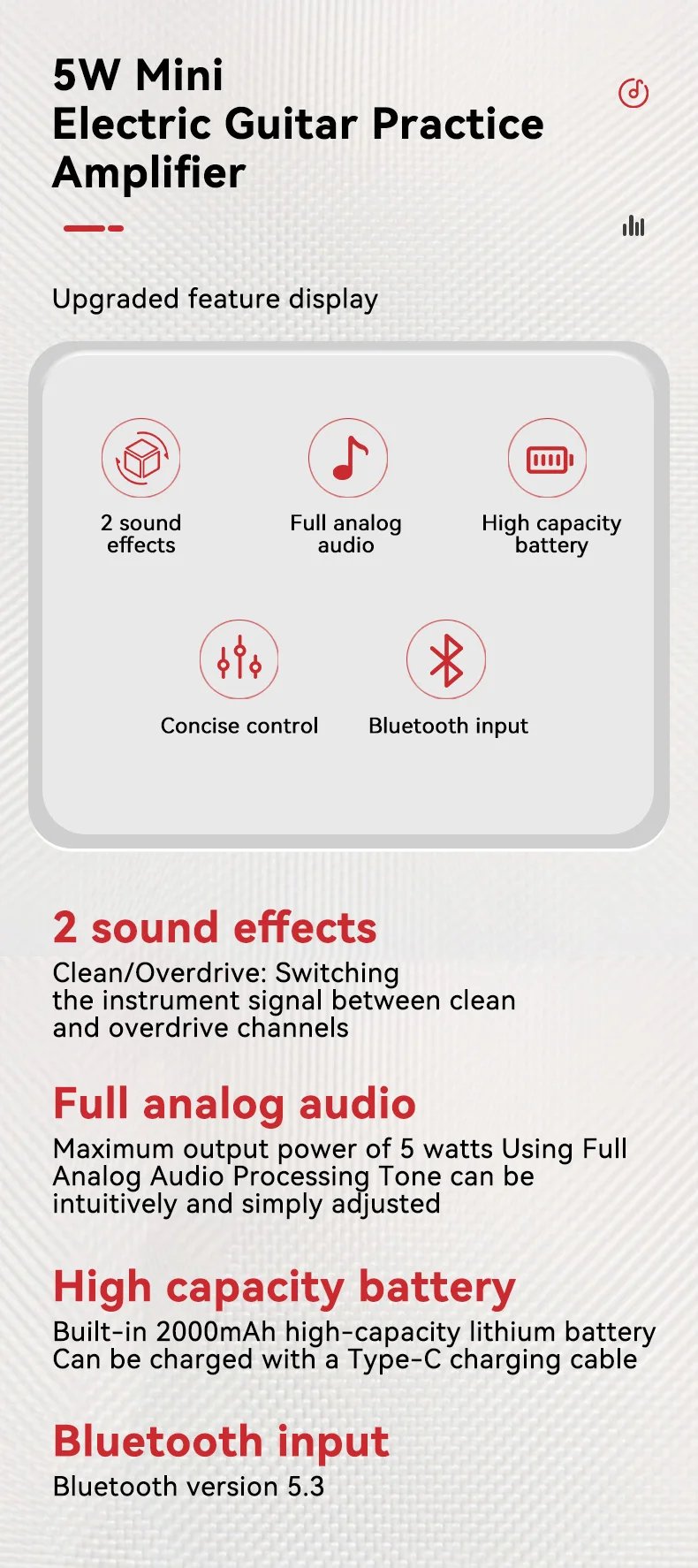 Mini Guitar Amplifier 5W Electric Guitar Amp Small Practice Guitar Amp with Bluetooth Clean & Overdrive Channels Portable