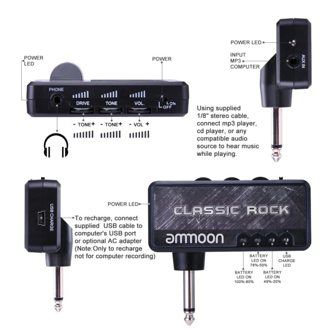 ammoon Electric Guitar Headphone Amplifier Amp 1/4 Inch Plug 3.5mm Headphone Jack & Aux In with Classic Rock Distortion Effect - Image 5
